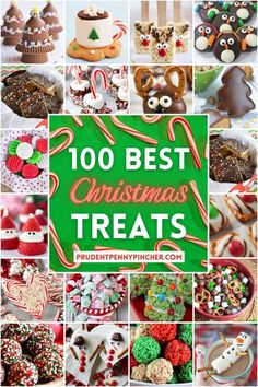 a collage of christmas treats with the words 100 best christmas treats on it in red and green