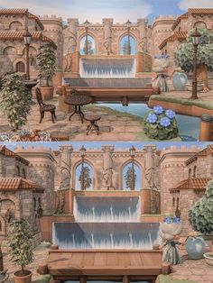 two pictures of a bench and water fountain in front of a castle with flowers on it