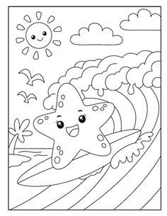 a cartoon starfish swimming in the ocean with waves and sun above it, coloring page