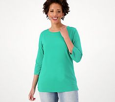 A pretty lil' basic for your wardrobe, this ballet neckline top is ideal for layering or wearing solo. From Belle by Kim Gravel. Spring Basic Stretch Long Sleeve Top, Stretch Basic Long Sleeve Top For Spring, Stretch Tops With 3/4 Sleeve For Everyday, Green Stretch Top With 3/4 Sleeves, Spring Stretch Half Sleeve Tops, Spring Half Sleeve Stretch Tops, Stretch Half Sleeve Tops For Spring, Versatile Tops For Layering With 3/4 Sleeves, Spring Versatile Tops With 3/4 Sleeves