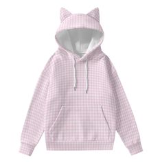 Pink Gingham Cat Ear Hoodie, Pink Hoodie, Women's Sweater, Women's Hoodie, Kawaii Hoodie, Women's hoodies trendy, Women's Sweatshirt Handmade to order, Designed in California, Handsewn overseas. I wanted to create a cute hoodie designs with ears with a retro 50s gingham pattern print hence this cute pink gingham hoodie I created. it's got cute ears on the hoodie so you can turn into a cute animal :)! Super fun to wear and unique sweater for the Fall, Winter or Spring! Cute Cat Print Hooded Hoodie, Trendy Fall Hoodie With Cat Design, Winter Cat Print Hooded Hoodie, Cute Winter Hoodie With Cat Print, Trendy Cat Print Hooded Hoodie, Cute Winter Cat Print Hoodie, Trendy Hooded Hoodie With Cat Print, Cute Hoodie Designs, Cat Ear Hoodie