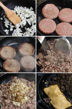 hamburger patties being cooked in a skillet with onions and cheese on the side