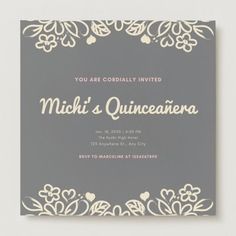 an elegant quinceauera party card with white flowers and hearts on grey background