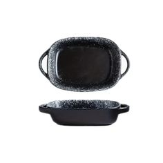 an oven dish with black speckles on the side and a white bowl underneath it