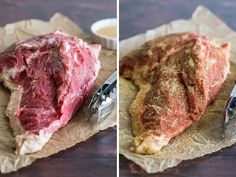 two pictures of raw meat on parchment paper with utensils and seasoning in the background