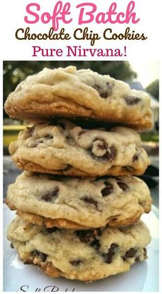 chocolate chip cookies are stacked on top of each other