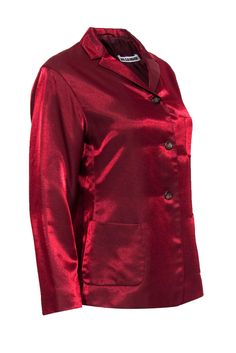 Go flashy and fab for the office with this Jil Sander blazer! This professional staple is given a hint of glam with a super shiny design in a rich brick red hue. Perfect for standing out at that next big meeting or networking event! Layer over a ruffled blouse and sleek slacks for one bold boss lady ensemble! Size M (EU 38) Shell: 88% Viscose, 12% Nylon Lining: 60% Cupro, 40% Silk Made in Italy Front button-up closure Lined Collared neckline Patch pockets on front of waist and left side of bust Uniform Shop, German Fashion, Ruffled Blouse, Sweater Trends, Buy Shoes Online, Networking Event, Brick Red, Jil Sander, Boss Lady