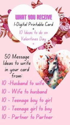 a valentine's day card with an image of a unicorn and hearts on it