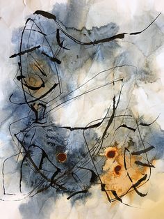 an abstract painting with black and brown lines