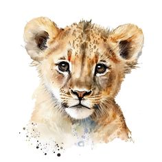 a watercolor painting of a lion cub's face with spots on its fur