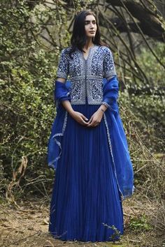 Shop for Sana Barreja Blue Georgette Aanya Jacket And Lehenga Set for Women Online at Aza Fashions Blue Hand Embellished Anarkali Set, Blue Anarkali Set Hand Embellished, Blue Anarkali Sets With Hand Embellished Details, Hand Embellished Blue Anarkali Set, Festive Blue Hand Embellished Anarkali Set, Anarkali Style Fitted Hand Embellished Sharara, Blue Hand Embellished Anarkali Set For Festive Occasions, Dabka Work, Jacket Lehenga