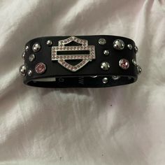 Harley Davidson, Genuine Leather With Pink And Clear Rhinestones, Silver Studs Adjustable Bracelet. Fits 7 To 8 Inch Wrist. New With Tags. Studded Bracelet, Harley Davidson Accessories, Rhinestone Studs, Clear Rhinestones, Adjustable Bracelet, Silver Studs, Dream Wardrobe, Harley Davidson, Period