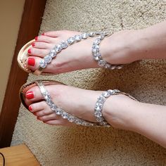 Nwot, Never Worn. Gold With Crystal Embellishment. Thong Toe With Elastic Around The Ankle. No Box. Crystal Embellishment, Women's Shoes Sandals, Shoes Sandals, Lily, Sandals, Women Shoes, Crystals, Women Shopping, Gold