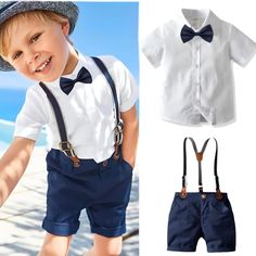 95% Organic Cotton & 5% Polyester: Eco-friendly, breathable and Hypoallergenic material. Care: Machine wash on low or delicate. Dry on gentle or low. Perfect Gift for birthdays, holidays, or just to make any day special for the little boys in your life.Set Includes: Button Down Shirt in white, Navy Blue Shorts and Bow Tie and Tripe Suspenders for casual, formal wear. Boys' Back-to-School Outfit. Kids Wedding Outfits Boys, Shorts With Suspenders, Kids Holiday Outfits, Suspenders For Kids, Navy Blue Shorts, Navy Shorts, Back To School Outfits, Baby & Toddler Clothing, Outfit Set