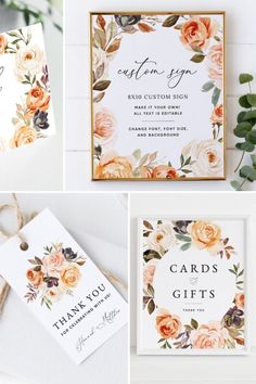 wedding stationery with flowers and greenery on the side, including cards, gift tags, and envelopes