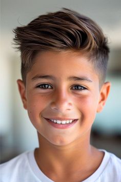 Textured Pompadour With Short Sides Haircut on smiling boy with brown hair. Llama Haircut Boy, 6 Year Boys Haircut, Boys Haircut For Thick Hair, Boys Straight Haircut Kids, Boys Haircut Short Fade, Haircut For Boys With Straight Hair, Youth Boys Haircut