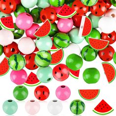 watermelon slices and pieces of fruit are scattered on a white surface with green, pink, and red accents