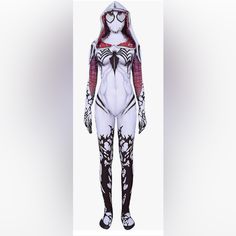 an image of a woman in white and red bodysuit with black accents on it