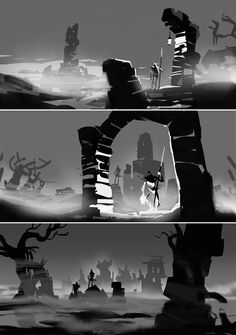 three different views of an animated scene in black and white