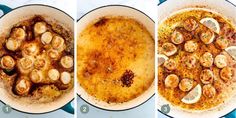 three images showing the steps to make shrimp and scallops in a skillet