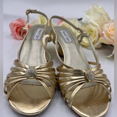 Brand: Touch Up Size: 8m Brand New, Comes In Original Box. Gold Sandals With 4-inch Heel Medium Width, Gold Sandals With 4-inch Heel And Medium Width, Gold Sandals Medium Width For Formal Occasions, Gold Synthetic Low Heel Shoes, Gold Low Heel Synthetic Heels, Gold Synthetic Low Heel Heels, Gold Medium Width Formal Sandals, Gold Low Heel Synthetic Sandals, Gold Sandals With Medium Width And Round Toe