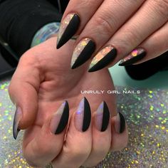 Irredescent Nails Black, Dark Iridescent Nails, Spring Goth Nails, Black Iridescent Nails, Natural Nails Black, Goth Spring Nails, Overlay On Natural Nails, Irridescent Nails, Black Gel Polish