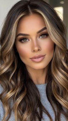 Dark Brown Hair with Blonde Ideas Chocolate Brown Hair With Blonde, Glossy Brown Hair, Blonde Highlights Underneath, Dark Brown Hair With Blonde, Brunette With Blonde, Blonde Balayage Honey, Blonde Peekaboo Highlights, Blonde Sombre, Blonde Ideas