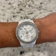 Michael Kors White Watch, Stainless Steel White Color, Used Few Times Brand New Condition, Needs Watch Battery, Comes With Links To Add If Needed. White Diamond Watch Gift, White Round Analog Diamond Watch, White Analog Diamond Watch, Watch Battery, White Watch, Michael Kors Accessories, Accessories Watches, White Color, Color White