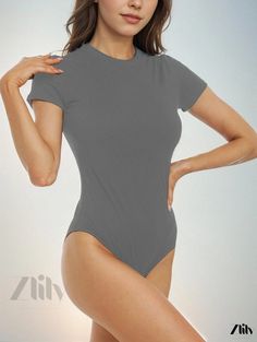 Zlily - Stylish Womens Crew Neck Short Sleeve Bodysuit - Comfortable Stretchy Solid Color One-Piece for Casual Wear, Elegant Womens Apparel Womens Apparel, Short Sleeve Bodysuit, Fabric Medium, Casual Wear, Solid Color, One Piece, Crew Neck, Clothes For Women, How To Wear