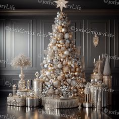 a silver and gold christmas tree surrounded by other ornaments