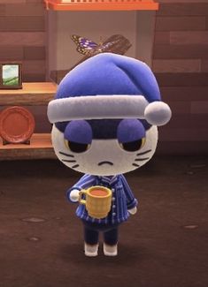 an animal crossing character holding a cup