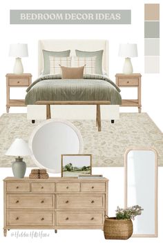 a bedroom with white furniture and neutral colors on the bed, dressers, mirror, lamp