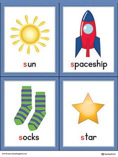 four different pictures with the words sun, spaceship, stars and socks written in them