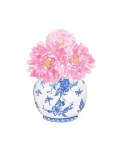 a painting of pink flowers in a blue and white floral vase on a white background