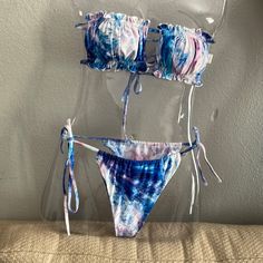 Nice Tie-Dyed Blue Size Small String Bikini Pictures Of The Front And Back More Pictures If You Tie Dye Swimwear For Poolside And Beach Season, Tie Dye Swimwear For Sunbathing And Beach Season, Tie Dye Swimwear For Sunbathing In Beach Season, Tie Dye Swimwear For Summer Pool Days, Tie Dye Swimwear For Pool In Summer, Tie Dye Swimwear For Sunbathing, Fitted Tie Dye Swimwear For Vacation, Tie Dye Swimwear For Beach Party Season, Summer Tie Dye Swimwear For Pool