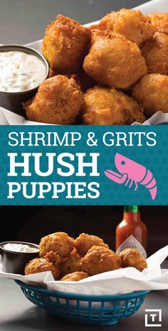 shrimp and grits hush puppies with dipping sauce in a basket on the side