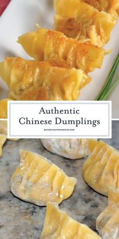 chinese dumplings with text overlay that reads authentic chinese dumplings on marble counter top