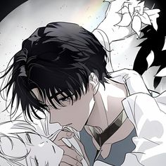 an anime character with black hair and white shirt holding his hand up to his face