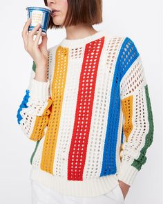 Kule The Hazel Pullover in Cream Crochet Stripe Crewneck Drop shoulders Long sleeves Relaxed fit Crochet knit fabrication 72% cotton, 18% nylon, 9% silk, 1% cashmere Evening Jumpsuit, Good Hair Day, Women Men Shoes, Casual Blazer, Vest Dress, Colorful Sweaters, Cool Hairstyles, Casual Dresses, New Arrivals