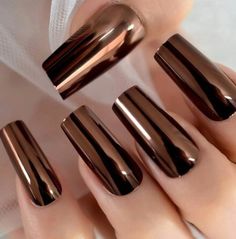 Glue on Press on Nails Extra Long Square Bronze Chrome - Etsy Mirror Fake, Pink French Nails, Nails Extra, Fake Nails Long, Chrome Nail Powder, Purple Mirror, Square Nail Designs, Chrome Nail, Nail Type