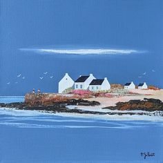 a painting of houses on the beach with seagulls flying over it and blue sky