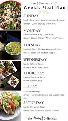 the weekly meal plan is shown in pink and white, with pictures of different foods