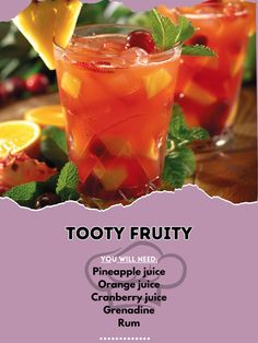 🍍🍉 Dive into a Tooty Fruity extravaganza! #FruitCocktail #ColorfulDrinks Tooty Fruity Ingredients: Pineapple juice (1/2 cup) Orange juice (1/2 cup) Cranberry juice (1/2 cup) Grenadine (1 tbsp) Rum (2 oz) Ice (for serving) Fruit slices (for garnish) Mint leaves (for garnish) Instructions: In a shaker, combine juices, grenadine, and rum with ice. Shake well and strain into a glass with ice. Garnish with fruit slices and mint leaves. 🍍🍊 Enjoy the vibrant flavors of Tooty Fruity! Perfect for ... Fruity Drinks With Alcohol, Tooty Fruity, Mixology Recipes, Fruity Alcohol Drinks, Homemade Chinese Food, Rum Cocktail Recipes, Alcholic Drinks, Summer Drinks Alcohol