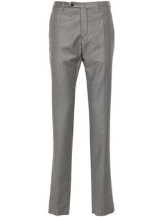 mid grey virgin wool belt loops pressed crease two diagonal pockets to the sides two rear button-fastening jetted pockets tapered leg concealed fly and button fastening Gray Straight Pants For Semi-formal Occasions, Semi-formal Gray Tapered Leg Pants, Gray High-waisted Business Pants, Gray Tapered Leg Bottoms For Semi-formal Occasions, Semi-formal Gray Straight Leg Pants, Business Gray Bottoms With Belt Loops, Elegant Gray Pants With Pressed Crease, Elegant Gray Bottoms With Pressed Crease, Tailored Gray Tapered Leg Bottoms