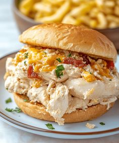 a chicken salad sandwich on a plate next to french fries