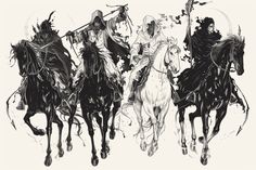 three black and white drawings of men on horses with spears in their hands, one holding a spear