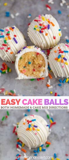 easy cake balls with white frosting and sprinkles