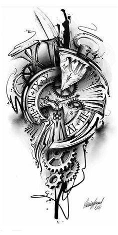 a black and white drawing of a clock