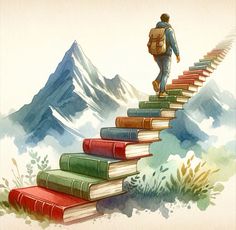 a man with a backpack is walking up some stairs made out of books and mountains