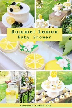 a collage of photos with lemons and baby shower items on them, including cakes